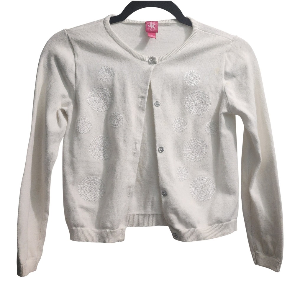 JK by Hanna Andersson Girls White Polka Dot Cardigan Sweater XL Cotton